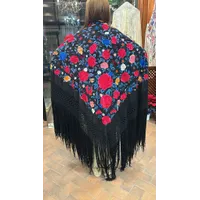 Mantón negro flores azul y rosa