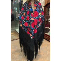 Mantón negro flores azul y rosa